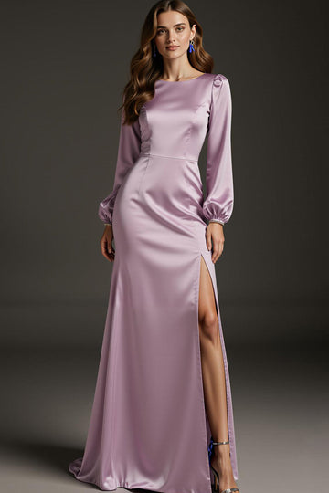Robe formelle à manches longues en satin sirène violet clair avec fente